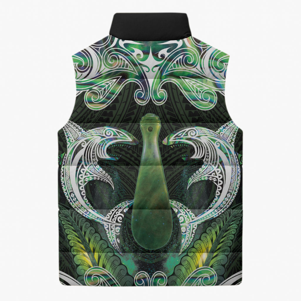New Zealand Mere Pounamu Weapon Sleeveless Puffer Jacket Aotearoa Mango Paua Shell Maori Pattern