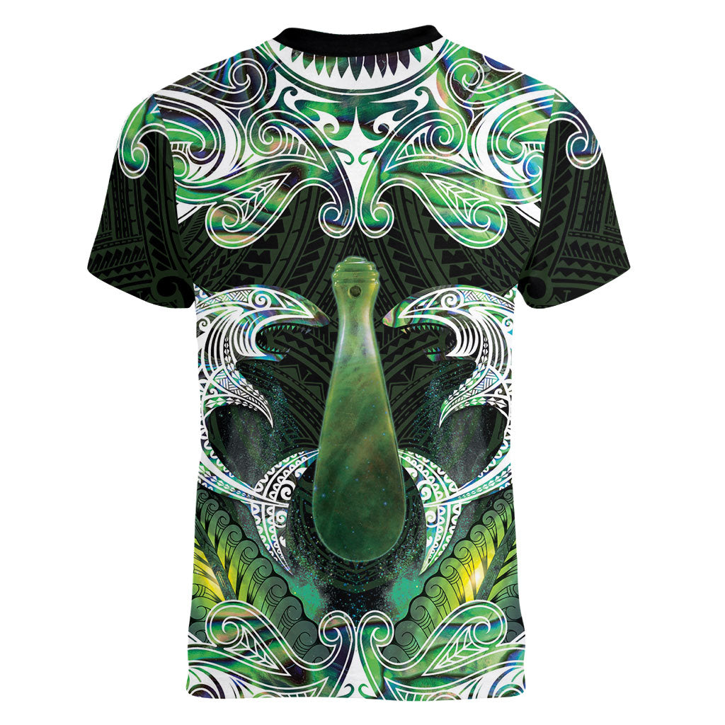 New Zealand Mere Pounamu Weapon Women V-Neck T-Shirt Aotearoa Mango Paua Shell Maori Pattern