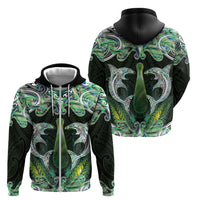 New Zealand Mere Pounamu Weapon Zip Hoodie Aotearoa Mango Paua Shell Maori Pattern