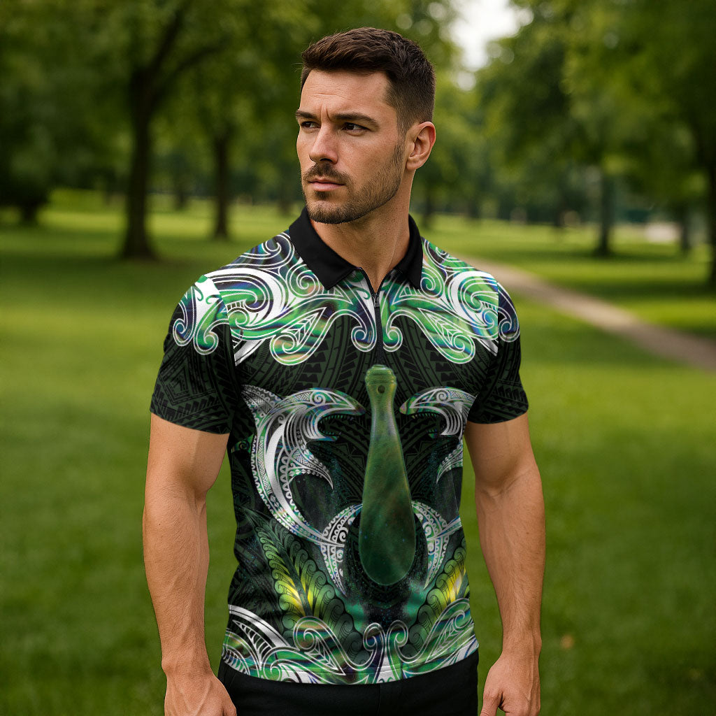 New Zealand Mere Pounamu Weapon Zipper Polo Shirt Aotearoa Mango Paua Shell Maori Pattern