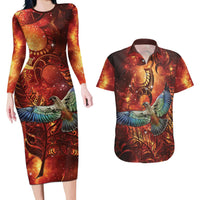 New Zealand Kea Bird Matariki Personalised Couples Matching Long Sleeve Bodycon Dress and Hawaiian Shirt Silver Fern Maori Pattern LT22 Orange - Polynesian Pride