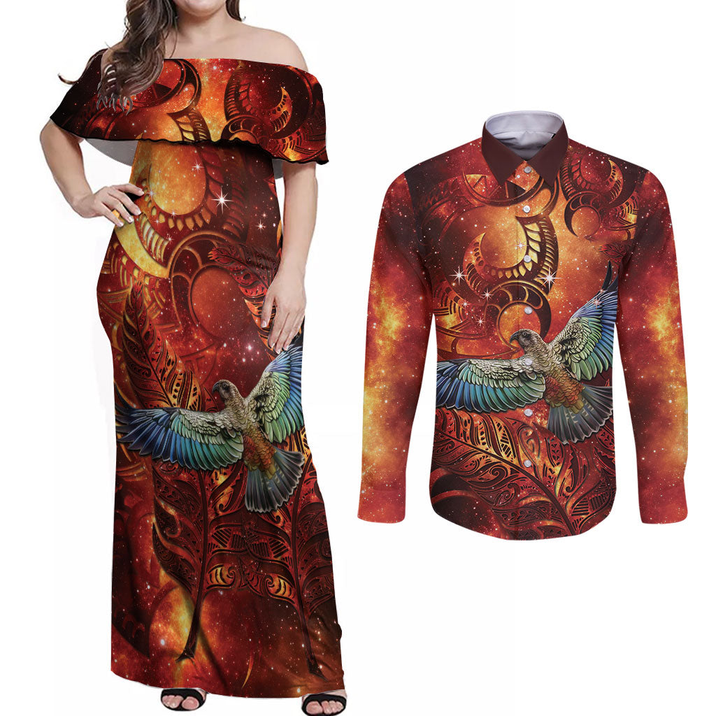 New Zealand Kea Bird Matariki Personalised Couples Matching Off Shoulder Maxi Dress and Long Sleeve Button Shirt Silver Fern Maori Pattern