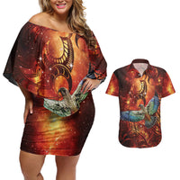 New Zealand Kea Bird Matariki Personalised Couples Matching Off Shoulder Short Dress and Hawaiian Shirt Silver Fern Maori Pattern LT22 Orange - Polynesian Pride
