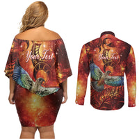 New Zealand Kea Bird Matariki Personalised Couples Matching Off Shoulder Short Dress and Long Sleeve Button Shirt Silver Fern Maori Pattern
