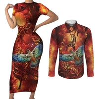 New Zealand Kea Bird Matariki Personalised Couples Matching Short Sleeve Bodycon Dress and Long Sleeve Button Shirt Silver Fern Maori Pattern LT22 Orange - Polynesian Pride