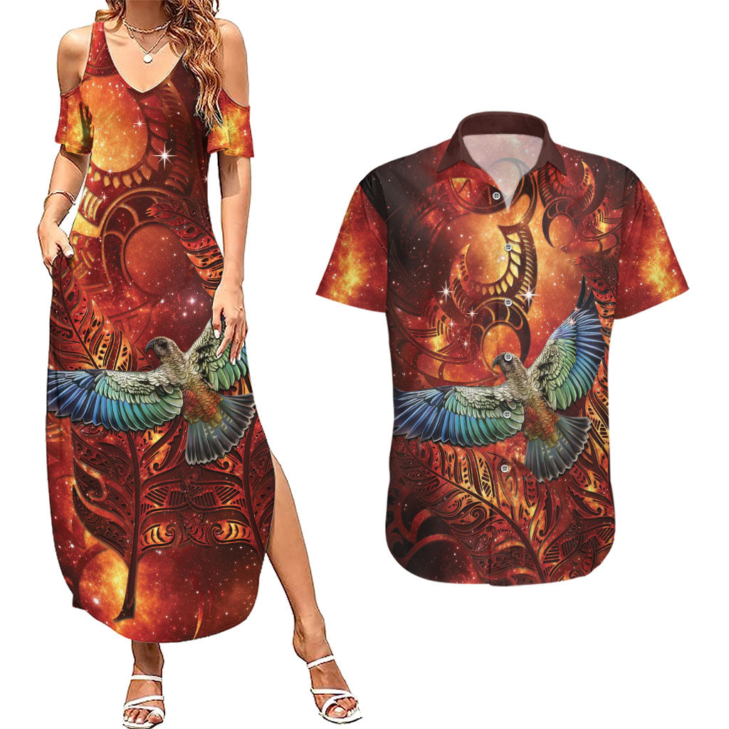 New Zealand Kea Bird Matariki Personalised Couples Matching Summer Maxi Dress and Hawaiian Shirt Silver Fern Maori Pattern LT22 Orange - Polynesian Pride