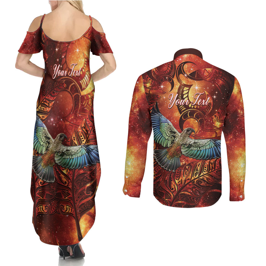 New Zealand Kea Bird Matariki Personalised Couples Matching Summer Maxi Dress and Long Sleeve Button Shirt Silver Fern Maori Pattern