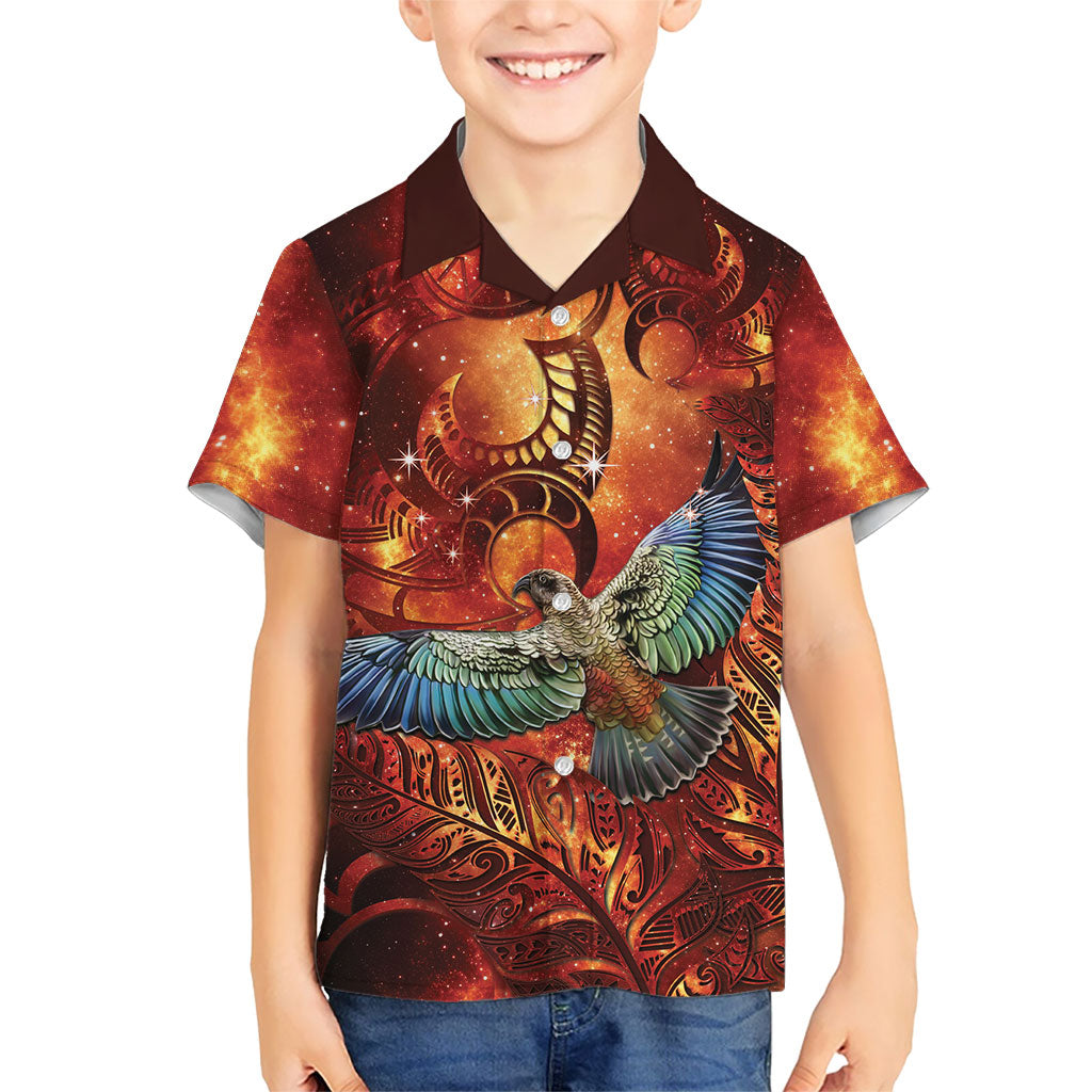 New Zealand Kea Bird Matariki Personalised Family Matching Long Sleeve Bodycon Dress and Hawaiian Shirt Silver Fern Maori Pattern LT22 Son's Shirt Orange - Polynesian Pride