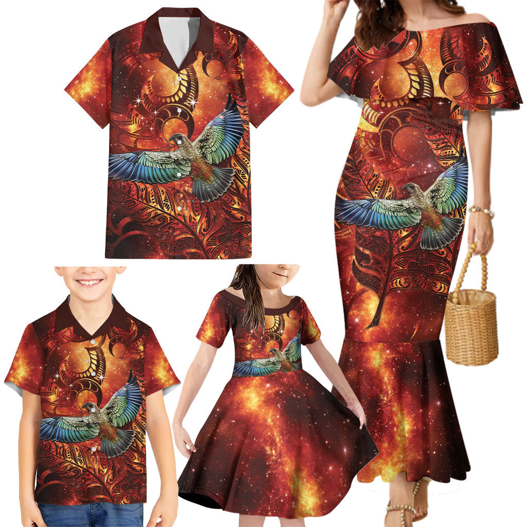 New Zealand Kea Bird Matariki Personalised Family Matching Mermaid Dress and Hawaiian Shirt Silver Fern Maori Pattern