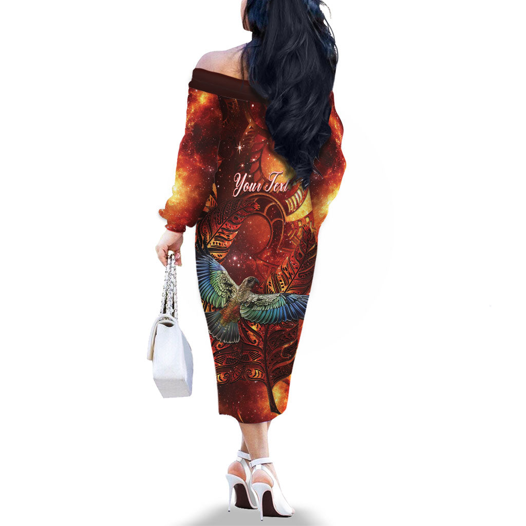 New Zealand Kea Bird Matariki Personalised Family Matching Off The Shoulder Long Sleeve Dress and Hawaiian Shirt Silver Fern Maori Pattern LT22 - Polynesian Pride