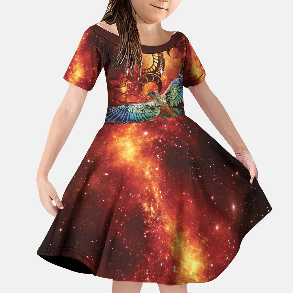 New Zealand Kea Bird Matariki Personalised Family Matching Off Shoulder Short Dress and Hawaiian Shirt Silver Fern Maori Pattern LT22 Daughter's Dress Orange - Polynesian Pride