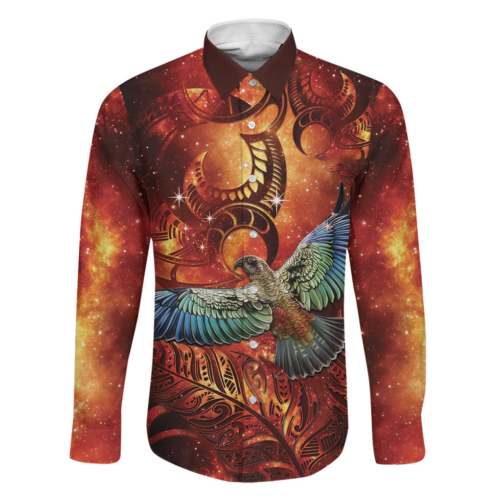 New Zealand Kea Bird Matariki Personalised Family Matching Off Shoulder Short Dress and Hawaiian Shirt Silver Fern Maori Pattern LT22 Dad's Shirt - Long Sleeve Orange - Polynesian Pride