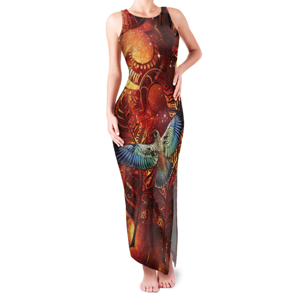 New Zealand Kea Bird Matariki Personalised Family Matching Tank Maxi Dress and Hawaiian Shirt Silver Fern Maori Pattern LT22 Mom's Dress Orange - Polynesian Pride