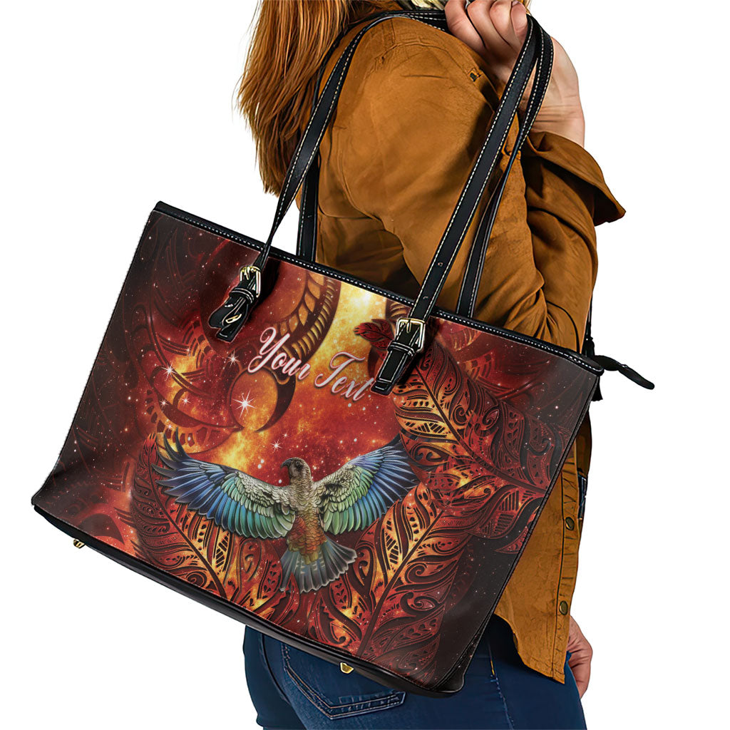 New Zealand Kea Bird Matariki Personalised Leather Tote Bag Silver Fern Maori Pattern