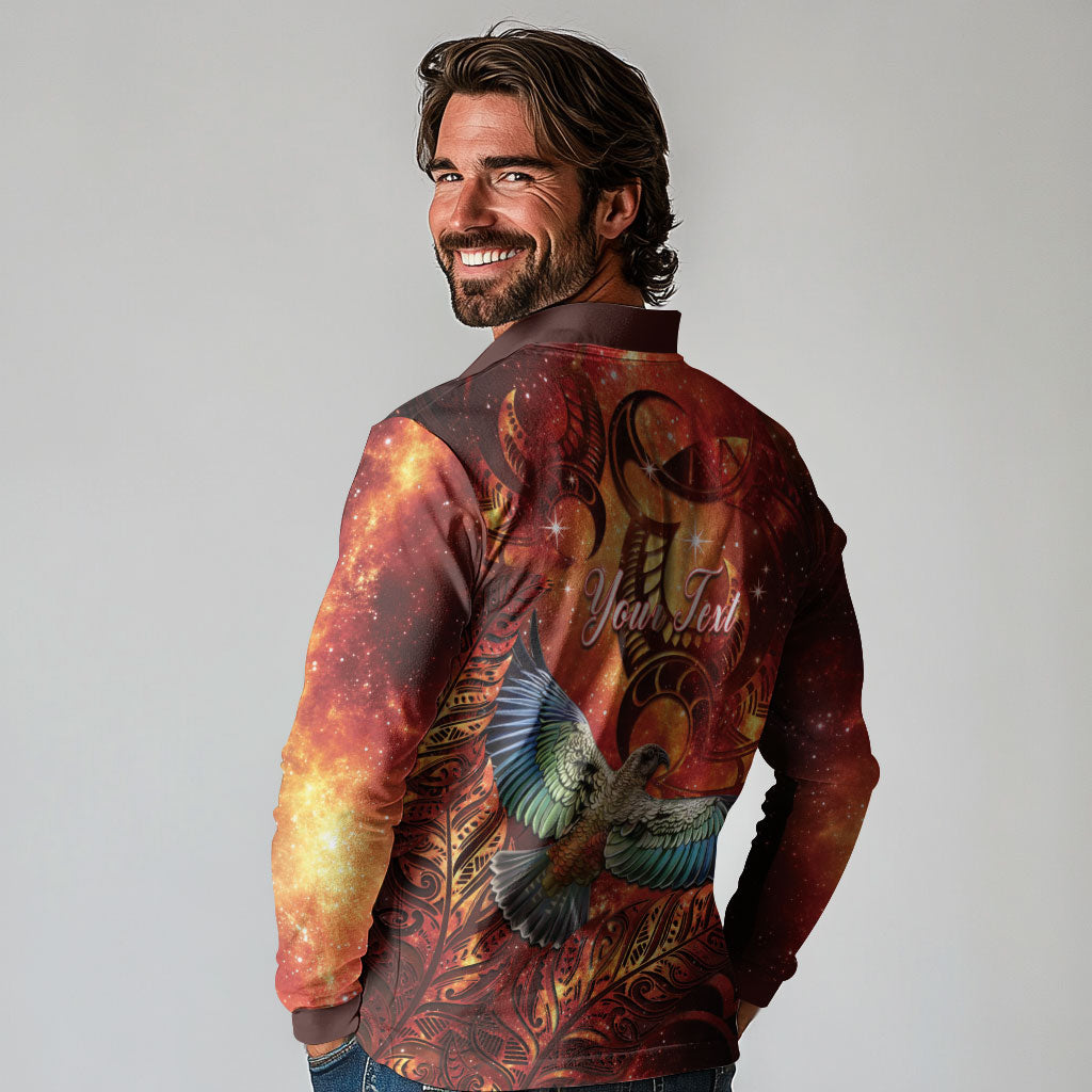 New Zealand Kea Bird Matariki Personalised Long Sleeve Polo Shirt Silver Fern Maori Pattern