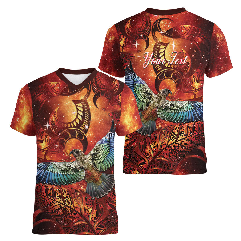 New Zealand Kea Bird Matariki Personalised Women V-Neck T-Shirt Silver Fern Maori Pattern