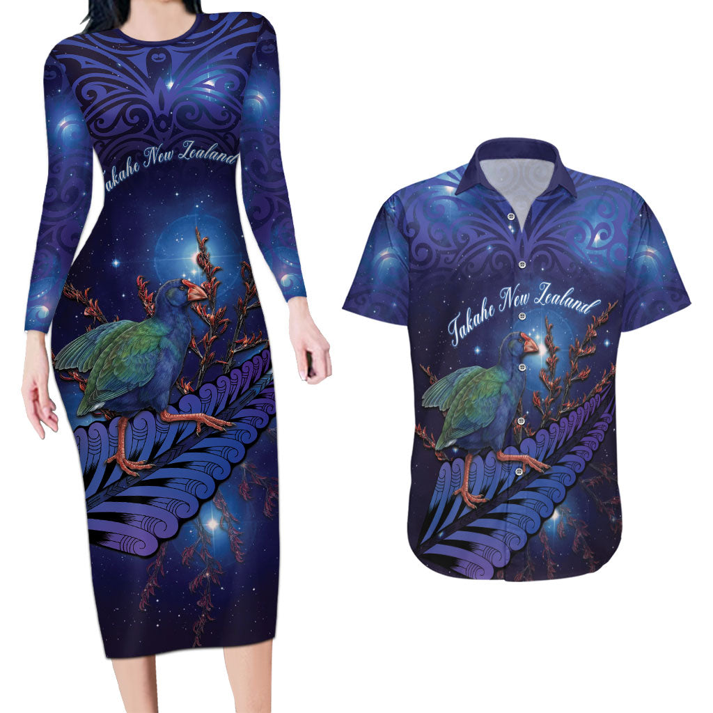Takahe New Zealand Personalised Couples Matching Long Sleeve Bodycon Dress and Hawaiian Shirt Harakeke Silver Fern Maori Pattern LT22 Blue - Polynesian Pride