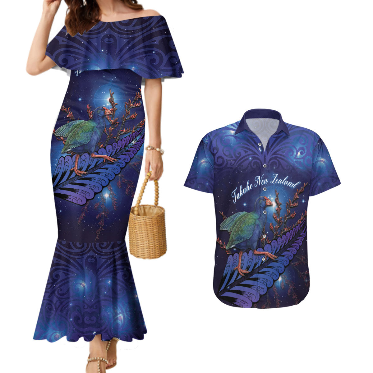 Takahe New Zealand Personalised Couples Matching Mermaid Dress and Hawaiian Shirt Harakeke Silver Fern Maori Pattern LT22 Blue - Polynesian Pride