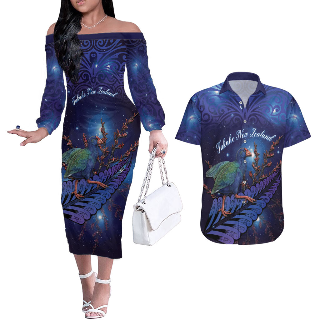 Takahe New Zealand Personalised Couples Matching Off The Shoulder Long Sleeve Dress and Hawaiian Shirt Harakeke Silver Fern Maori Pattern LT22 Blue - Polynesian Pride