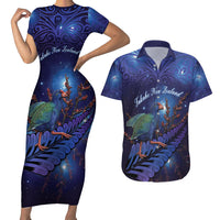 Takahe New Zealand Personalised Couples Matching Short Sleeve Bodycon Dress and Hawaiian Shirt Harakeke Silver Fern Maori Pattern LT22 Blue - Polynesian Pride