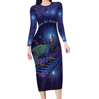 Takahe New Zealand Personalised Family Matching Long Sleeve Bodycon Dress and Hawaiian Shirt Harakeke Silver Fern Maori Pattern LT22 Mom's Dress Blue - Polynesian Pride