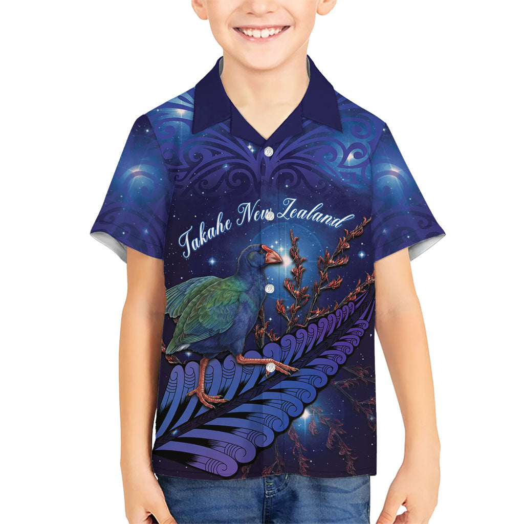 Takahe New Zealand Personalised Family Matching Off The Shoulder Long Sleeve Dress and Hawaiian Shirt Harakeke Silver Fern Maori Pattern LT22 Son's Shirt Blue - Polynesian Pride
