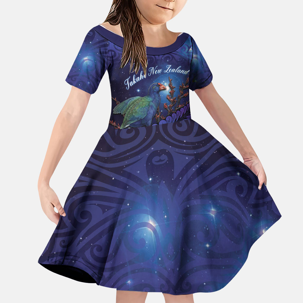 Takahe New Zealand Personalised Family Matching Off Shoulder Short Dress and Hawaiian Shirt Harakeke Silver Fern Maori Pattern LT22 Daughter's Dress Blue - Polynesian Pride