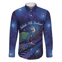 Takahe New Zealand Personalised Family Matching Off Shoulder Short Dress and Hawaiian Shirt Harakeke Silver Fern Maori Pattern LT22 Dad's Shirt - Long Sleeve Blue - Polynesian Pride