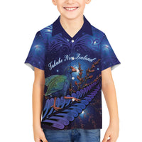 Takahe New Zealand Personalised Family Matching Off Shoulder Short Dress and Hawaiian Shirt Harakeke Silver Fern Maori Pattern LT22 Son's Shirt Blue - Polynesian Pride