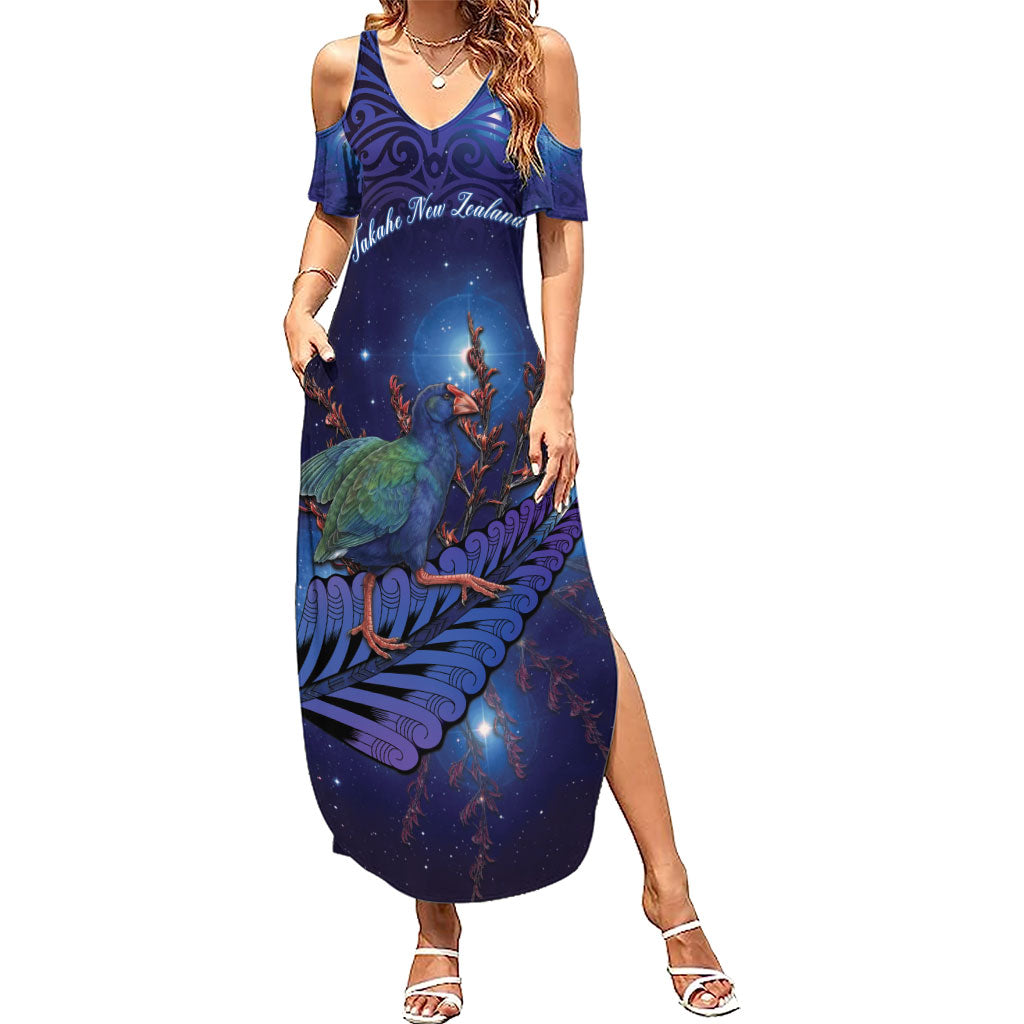 Takahe New Zealand Personalised Family Matching Summer Maxi Dress and Hawaiian Shirt Harakeke Silver Fern Maori Pattern LT22 Mom's Dress Blue - Polynesian Pride