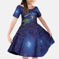 Takahe New Zealand Personalised Kid Short Sleeve Dress Harakeke Silver Fern Maori Pattern