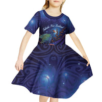 Takahe New Zealand Personalised Kid Short Sleeve Dress Harakeke Silver Fern Maori Pattern