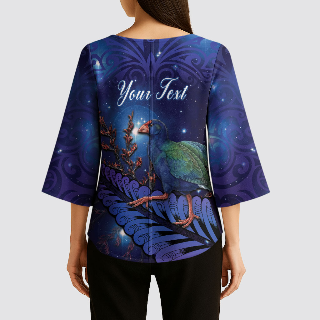 Takahe New Zealand Personalised Kimono Sleeve Blouse Harakeke Silver Fern Maori Pattern