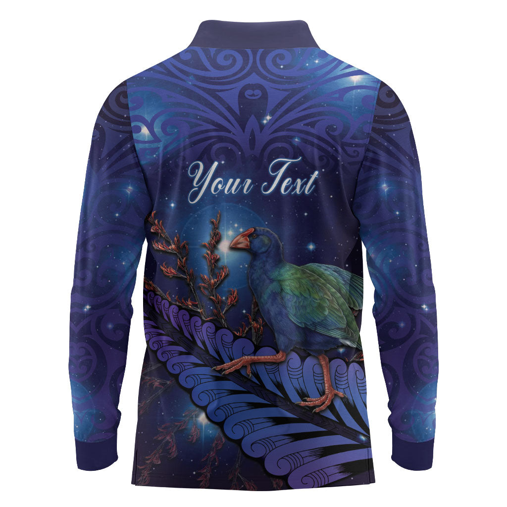 Takahe New Zealand Personalised Long Sleeve Polo Shirt Harakeke Silver Fern Maori Pattern