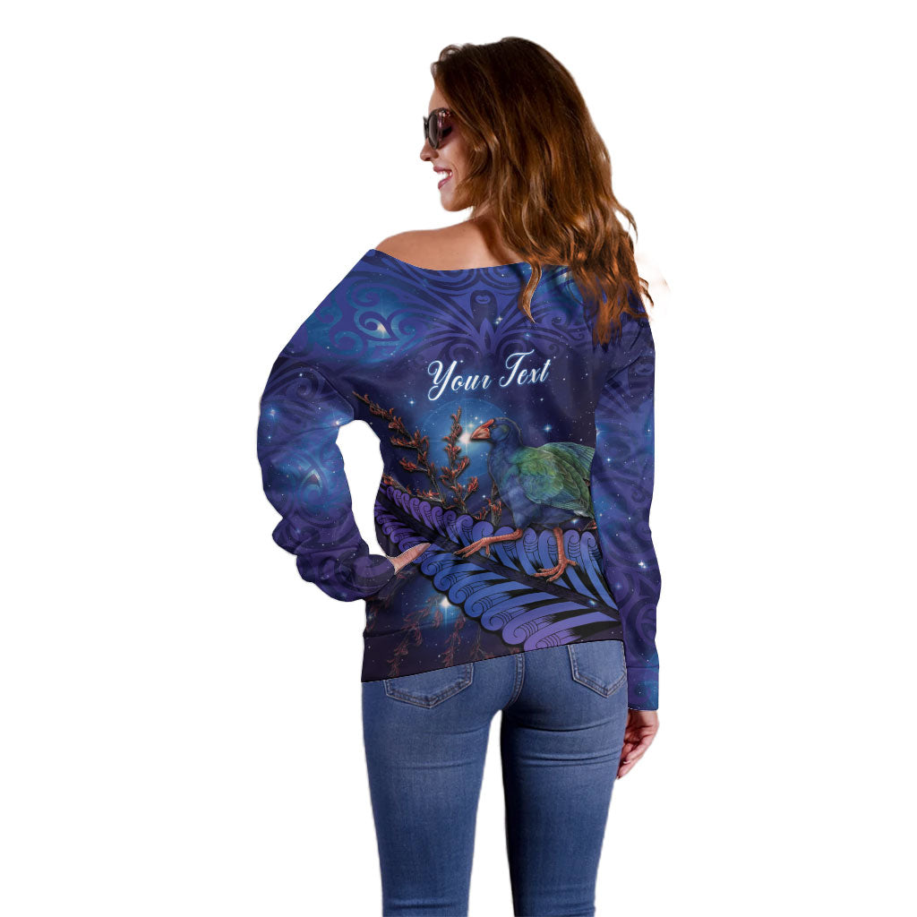 Takahe New Zealand Personalised Off Shoulder Sweater Harakeke Silver Fern Maori Pattern