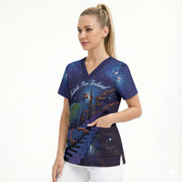 Takahe New Zealand Personalised Scrub Top Harakeke Silver Fern Maori Pattern