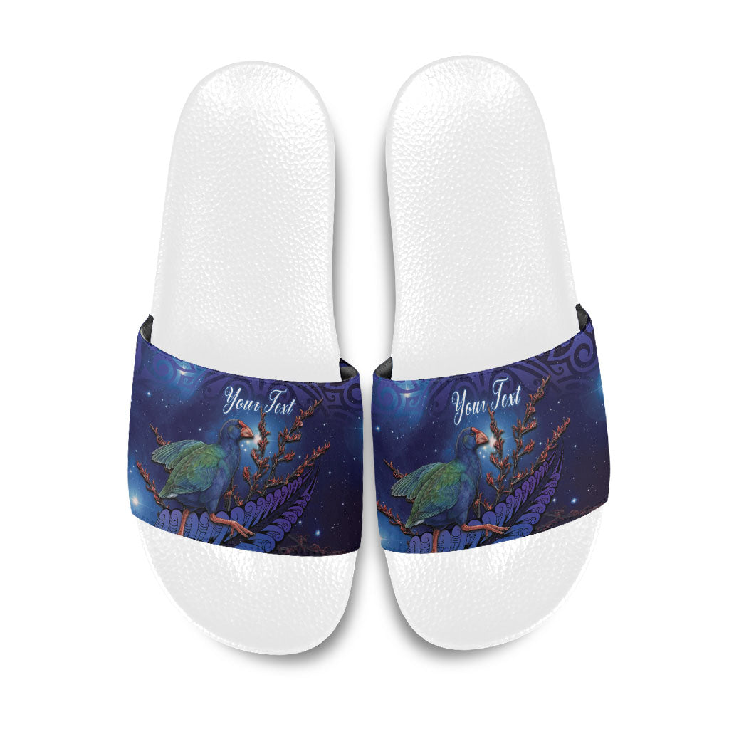 Takahe New Zealand Personalised Slide Sandals Harakeke Silver Fern Maori Pattern