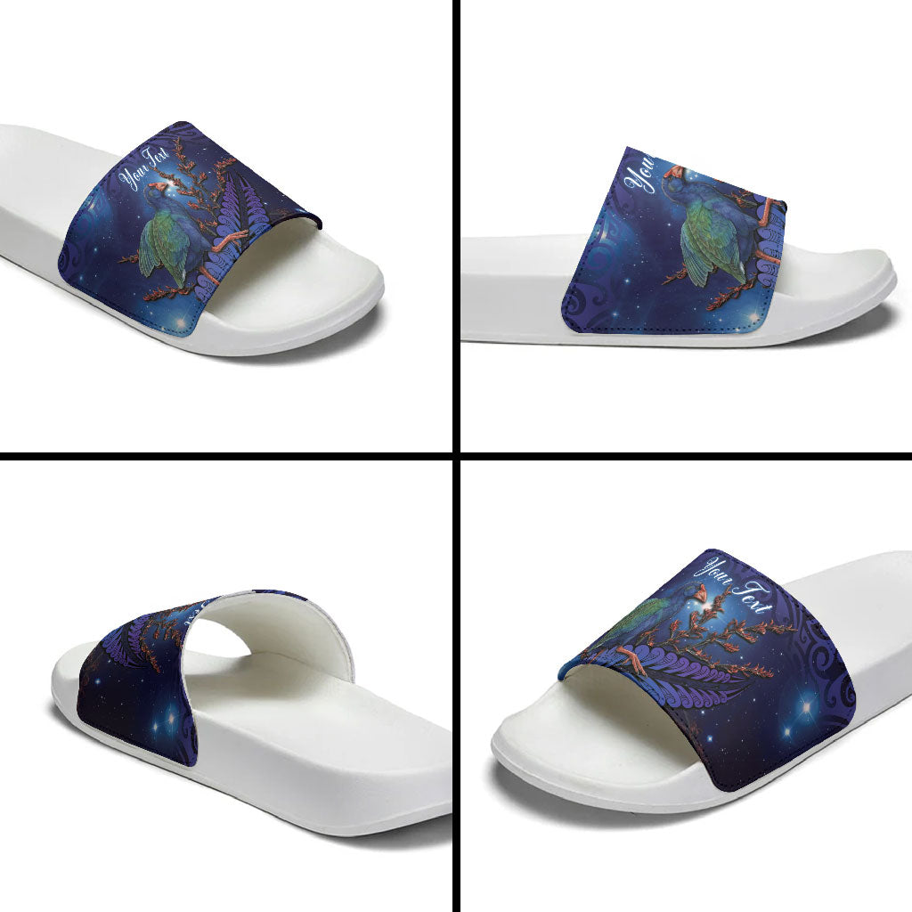 Takahe New Zealand Personalised Slide Sandals Harakeke Silver Fern Maori Pattern