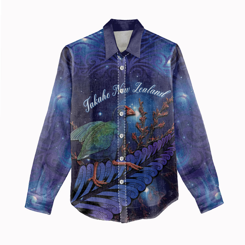 Takahe New Zealand Personalised Women Casual Shirt Harakeke Silver Fern Maori Pattern