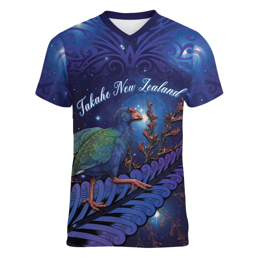 Takahe New Zealand Personalised Women V-Neck T-Shirt Harakeke Silver Fern Maori Pattern