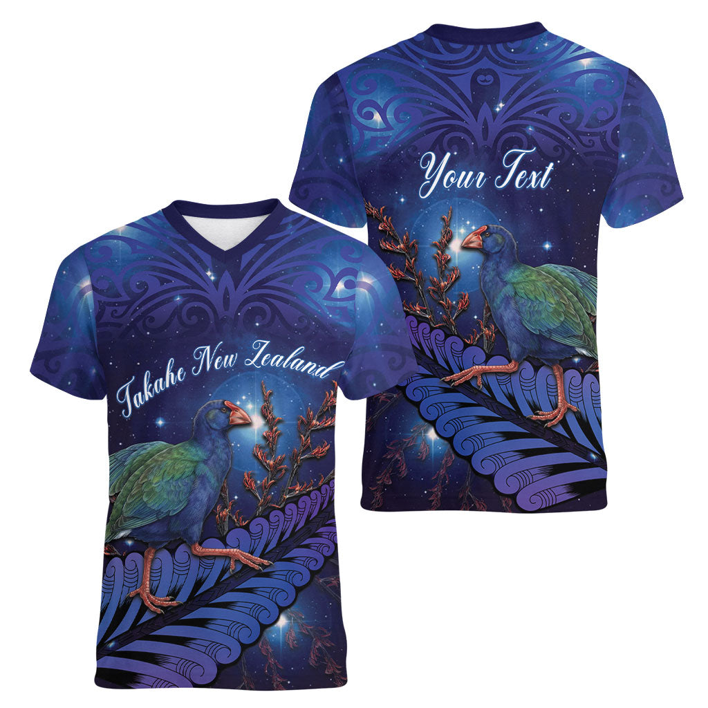 Takahe New Zealand Personalised Women V-Neck T-Shirt Harakeke Silver Fern Maori Pattern