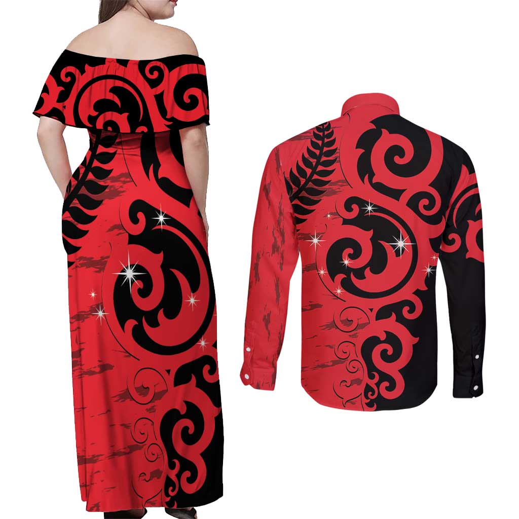 New Zealand Matariki Couples Matching Off Shoulder Maxi Dress and Long Sleeve Button Shirt Maori New Year Koru Pattern