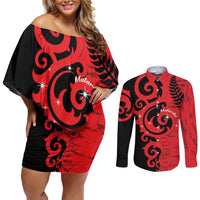 New Zealand Matariki Couples Matching Off Shoulder Short Dress and Long Sleeve Button Shirt Maori New Year Koru Pattern