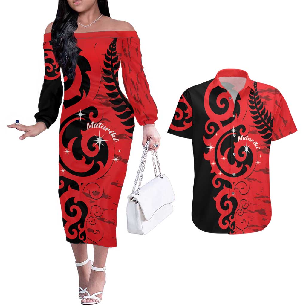 New Zealand Matariki Couples Matching Off The Shoulder Long Sleeve Dress and Hawaiian Shirt Maori New Year Koru Pattern LT22 Red - Polynesian Pride