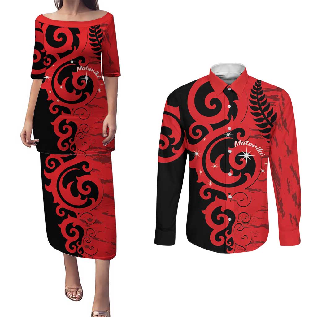 New Zealand Matariki Couples Matching Puletasi and Long Sleeve Button Shirt Maori New Year Koru Pattern