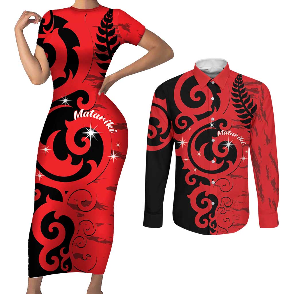 New Zealand Matariki Couples Matching Short Sleeve Bodycon Dress and Long Sleeve Button Shirt Maori New Year Koru Pattern