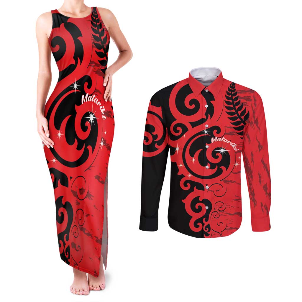 New Zealand Matariki Couples Matching Tank Maxi Dress and Long Sleeve Button Shirt Maori New Year Koru Pattern