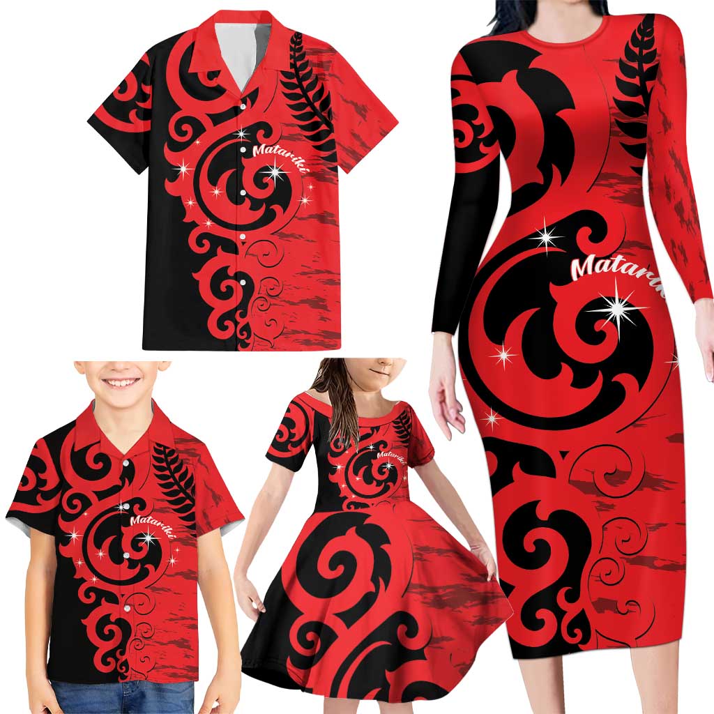New Zealand Matariki Family Matching Long Sleeve Bodycon Dress and Hawaiian Shirt Maori New Year Koru Pattern