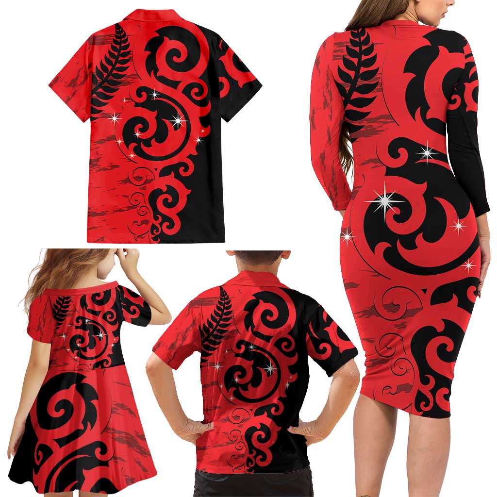 New Zealand Matariki Family Matching Long Sleeve Bodycon Dress and Hawaiian Shirt Maori New Year Koru Pattern LT22 - Polynesian Pride