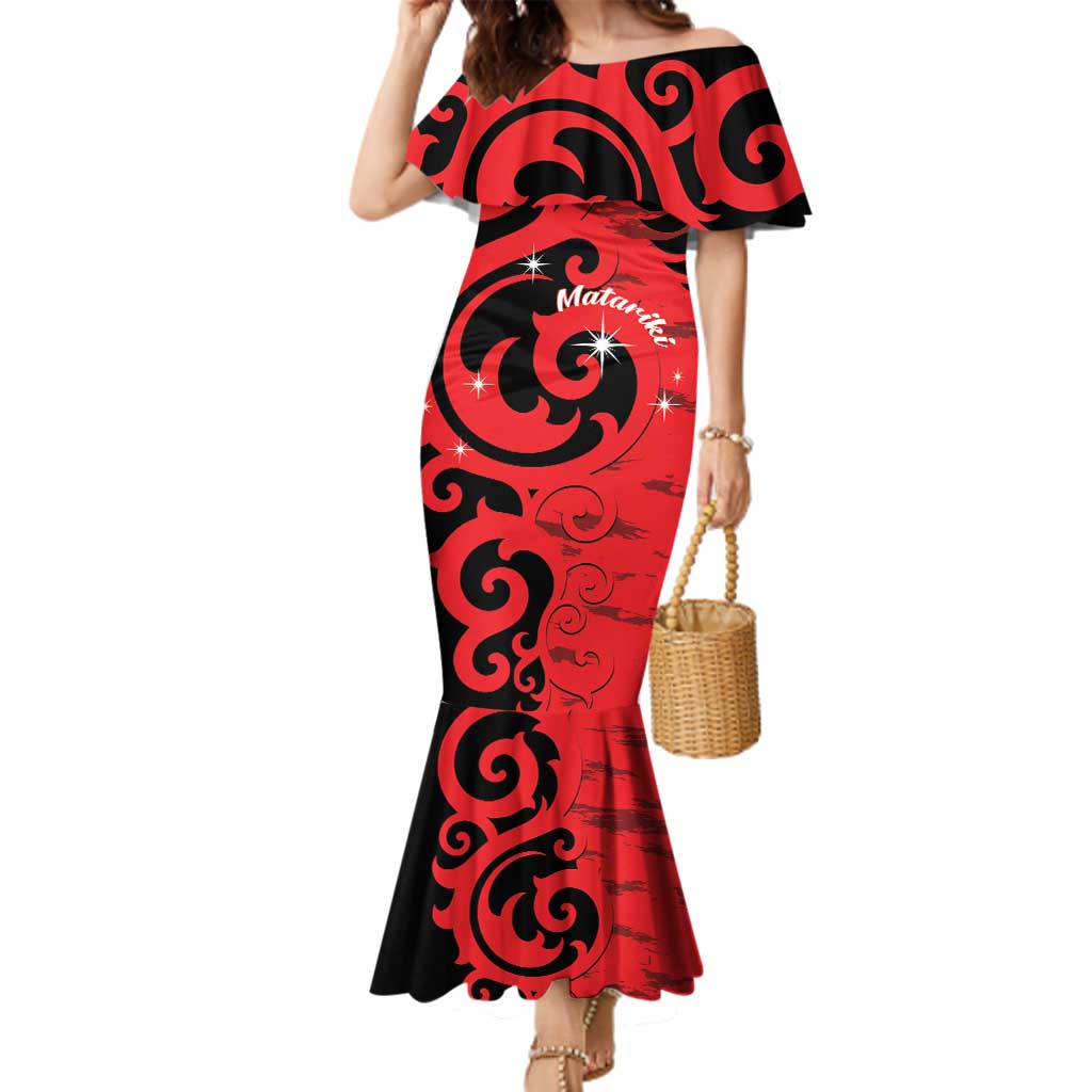 New Zealand Matariki Family Matching Mermaid Dress and Hawaiian Shirt Maori New Year Koru Pattern LT22 Mom's Dress Red - Polynesian Pride
